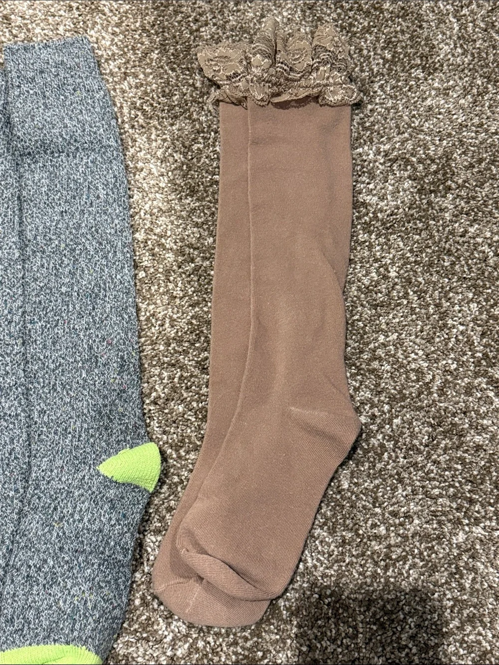 3 pair Women’Knee-High Socks  - Brown, Gray with Neon Green Accents, and Tan